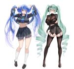  2girls absurdres aqua_hair arcana_(fortune_mate)_(nikke) arcana_(nikke) arm_under_breasts belt black_bra black_garter_straps black_ribbon black_sailor_collar black_serafuku black_skirt blue_eyes blue_garter_straps blue_hair blue_neckerchief blush bra breast_zipper breasts commentary_request crop_top crop_top_overhang cropped_shirt drill_hair fishnet_top fishnets full_body garter_straps goddess_of_victory:_nikke grabbing_own_hair gradient_neckerchief green_neckerchief hair_intakes hair_ornament hair_ribbon high_heels highres holding_own_hair jacket large_breasts long_hair long_sleeves looking_at_viewer midriff multicolored_neckerchief multiple_girls navel neckerchief official_alternate_costume partially_unzipped paw_hair_ornament pencil_skirt pinstripe_jacket pinstripe_pattern pleated_skirt privaty_(nikke) privaty_(sharp_lesson)_(nikke) ribbon sailor_collar sami_(ami12702752) school_uniform see-through_cleavage see-through_clothes semi-rimless_eyewear serafuku shawl sidelocks simple_background skindentation skirt skirt_tug smile socks standing striped_clothes striped_jacket thigh_strap thighs twin_drills twintails underboob underwear v vertical-striped_clothes vertical-striped_jacket very_long_hair white_background white_shawl white_socks yellow_eyes zipper 