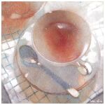  cup grid_print hgreeee no_humans object_focus original saucer spoon still_life tablecloth tea teacup traditional_media 