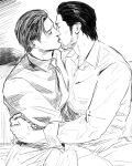  2boys ahoge beard commentary_request couple dojima_daigo facial_hair greyscale hair_slicked_back highres hug hug_from_side kiss male_focus mine_yoshitaka monochrome mullet multiple_boys necktie no_jacket ryuu_ga_gotoku_(series) ryuu_ga_gotoku_3 sitting sketch tyag53 yaoi 