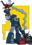  2boys absurdres after_battle animal_on_head armor assault_visor autobot azoinab bird bird_on_head blaster_(transformers) blue_armor blue_eyes damaged death decepticon exposed_internal_machinery full_body hand_up highres holding holding_detached_head laserbeak looking_at_viewer male_focus mecha mecha_focus mechabare multiple_boys non-humanoid_robot on_head open_mouth perching petting ravage_(transformers) red_armor red_visor robot robot_animal robot_bird robot_cat science_fiction severed_head shoulder_cannon smoke solo_focus soundwave_(transformers) standing transformers transformers:_generation_1 