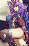  1girl ao_no_kiseki arm_guards bow-shaped_hair breasts china_dress chinese_clothes clothing_cutout crescent crescent_necklace cross-laced_clothes cross-laced_cutout double-parted_bangs dress eiyuu_densetsu gauntlets hair_rings hajimari_no_kiseki half_updo highres jewelry legs monolith_tk necklace open_mouth purple_eyes purple_hair rixia_mao simple_background single_arm_guard single_gauntlet single_hair_ring thighs zero_no_kiseki 