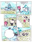2008 anthro belly big_belly blue_clothing blue_hair blue_shirt blue_topwear canid canine canis clothing comic domestic_pig female group hair mammal outside overweight shirt speech_bubble suid suine sus_(pig) text topwear trio virus-20 wendy_wolf_(virus-20) wolf