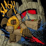  2boys armor assault_visor autobot azoinab battle blood blue_blood bruticus commission decapitation decepticon full_body grey_armor grimlock highres mecha mecha_focus multicolored_armor multiple_boys red_eyes red_visor robot robot_boy sound_effects transformers transformers:_generation_1 yellow_armor 