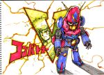  1boy aoi_hyouma armor blue_armor character_name choudenji_robo_combattler_v combattler_v_(robot) commentary_request copyright_name deformed electricity floating_hair frown highres looking_at_viewer male_focus mecha mecha_focus mickey_tse multicolored_armor radio_antenna red_armor robot short_hair super_robot super_robot_wars 