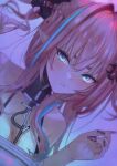  1girl 462vvv arknights arknights:_endfield bare_shoulders black_horns blue_eyes breasts cleavage closed_mouth commentary diamond_in_eye dragon_girl dragon_horns fingernails hair_intakes hair_on_horn highres horns large_breasts long_fingernails long_hair looking_at_viewer multicolored_hair multicolored_horns nail_polish pink_hair pink_horns pink_tube_top pointy_ears portrait purple_nails simple_background solo strapless streaked_hair tube_top two-tone_horns yvonne_(arknights) 