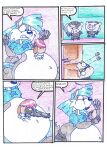 2008 anthro belly big_belly blue_clothing blue_hair blue_shirt blue_topwear canid canine canis clothing comic domestic_dog domestic_pig female female_pred group gun hair inside male mammal oral_vore overweight ranged_weapon shirt speech_bubble suid suine sus_(pig) text topwear virus-20 vore weapon wendy_wolf_(virus-20) wolf