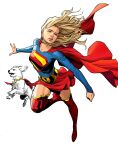  1girl blonde_hair blue_eyes blue_shirt boots breasts cape clenched_hand commentary dc_comics dog dynamic_pose english_commentary floating_hair flying highres knees_up long_sleeves miniskirt red_boots red_cape red_skirt sean_chen shirt shirt_tucked_in simple_background skirt slim_legs small_breasts supergirl supergirl_(2026) superhero_costume superman_(series) superman_logo thigh_boots third-party_source western_comics_(style) white_background white_dog 