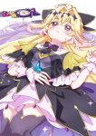  1girl antenna_hair azuma_rui black_bow black_dress black_necktie blonde_hair blue_butterfly blush bow braid brooch bug butterfly butterfly_on_hand closed_mouth commentary_request cure_arcana_shadow dress earrings fingernails gradient_hair hair_between_eyes hair_intakes hair_ornament half_up_braid heart heart_brooch highres jewelry long_hair looking_at_viewer lying magical_girl meitantei_precure! moria_luluka multicolored_hair nail_polish necktie on_back pink_eyes pink_hair precure purple_nails purple_veil rod solo tear_arcana_rod veil wand 