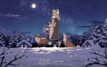  1girl animal arisa_(aren) bare_tree black_gloves black_leggings blonde_hair blue_eyes blurry blurry_foreground boots branch brown_coat brown_hat building chimney closed_mouth cloud coat commentary_request fox from_side full_body full_moon fur-trimmed_boots fur-trimmed_coat fur-trimmed_headwear fur_trim gloves gradient_sky hand_in_pocket hat highres hill holding holding_lantern hood hooded_coat howling lantern leggings long_hair long_sleeves looking_afar looking_to_the_side looking_up milky_way moon mountainous_horizon night original outdoors parka parted_bangs pine_tree rural shooting_star sidelocks sky smile snow snow_on_tree solo star_(sky) starry_sky tree twitter_username walking watermark white_boots window winter_clothes winter_coat 