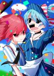  2girls absurdres apron black_choker black_eyes black_necktie blue_hair buttons choker collarbone commentary double-breasted dress empty_eyes hat hatsune_miku highres kakihou kasane_teto looking_at_viewer mesmerizer_(vocaloid) multiple_girls necktie open_mouth red_eyes red_hair red_hat sharp_teeth shirt striped_clothes striped_dress striped_shirt suspenders teeth tongue tongue_out utau vocaloid waitress white_apron wind 
