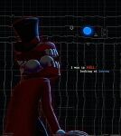  artlendraw black_background black_hat caine_(the_amazing_digital_circus) circle coat commentary english_commentary english_text eye_in_mouth from_behind gloves glowing grid_background hat highres open_mouth red_coat teeth the_amazing_digital_circus top_hat triangle upper_body white_gloves 