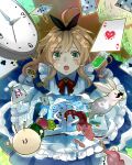  1boy :o ace_(playing_card) ahoge alice's_adventures_in_wonderland alice_(alice_in_wonderland) alice_(alice_in_wonderland)_(cosplay) black_ribbon blonde_hair blush book bow bowtie card commentary_request cookie cosplay cup dress facial_hair food grass green_eyes hair_ribbon highres i-chu long_hair male_focus mushroom mustache nukumizu17 oikawa_momosuke open_book open_mouth playing_card pocket_watch red_bow red_bowtie ribbon shade solo tea trap tree watch white_rabbit_(alice_in_wonderland) 