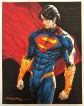  1boy absolute_dc absolute_superman black_background black_hair blue_bodysuit blue_eyes bodysuit border cape clenched_hands closed_mouth commentary covered_abs dc_comics english_commentary hair_behind_ear highres looking_down male_focus medium_hair red_cape santa_fung signature solo superhero_costume superman superman_logo toned toned_male white_border 