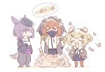  3girls animal_ears arknights bear_ears black_dress black_jacket black_pants blonde_hair blush brown_jacket candy candy_hair_ornament chibi closed_eyes crownslayer_(arknights) dopperu_ben dress dur-nar_(arknights) flower flower_on_head food food-themed_hair_ornament fox_ears fox_girl fox_tail gummy_(arknights) hair_ornament half-closed_eyes highres jacket lollipop looking_at_another mask mouth_mask multiple_girls neckerchief open_mouth pants pantyhose purple_eyes purple_hair red_eyes red_pantyhose scratching_head shirt short_hair simple_background smile surprised tail translation_request two_side_up white_background white_neckerchief white_shirt 