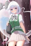  1girl adapted_costume bag black_bag black_bow black_bowtie blue_eyes bow bow_hairband bowtie cardigan commentary contemporary day falling_petals green_cardigan grey_skirt hairband highres hitodama hyakuya_iori konpaku_youmu konpaku_youmu_(ghost) looking_at_viewer outdoors petals plaid_clothes plaid_skirt pleated_skirt print_cardigan school_uniform shirt shoulder_bag signature skirt smile solo touhou tree twitter_username white_shirt 
