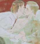  2boys ahoge beard commentary_request couple dojima_daigo facial_hair hair_slicked_back imminent_kiss interlocked_fingers large_pectorals male_focus mine_yoshitaka mullet multiple_boys muscular muscular_male muted_color nipples open_clothes open_shirt pectorals ryuu_ga_gotoku_(series) ryuu_ga_gotoku_3 sketch tyag53 undressing_another yaoi 