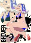  1girl bare_legs bare_shoulders barefoot bikini black_bikini blue_bikini blue_hair breasts character_name collarbone commentary_request earrings eyeliner fangs feet flat_chest flip-flops forehead full_body hachimaki hair_over_one_eye half-closed_eyes hand_on_own_knee headband isamu-ki_(yuuki) jewelry legs long_hair looking_at_viewer makeup medium_hair multicolored_hair multiple_earrings nejiri_hachimaki octarian octoling open_mouth paint_splatter red_eyeliner red_eyes sandals shiver_(splatoon) simple_background sitting small_breasts smile solo splatoon_(series) splatoon_3 splatter suction_cups swimsuit teeth tentacle_hair thighs toes two-tone_hair unworn_sandals white_background zoom_layer 