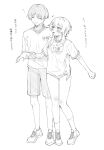  1boy 1girl alternate_costume blunt_ends blush breasts buruma choppy_bangs clenched_hand closed_eyes commentary_request contemporary crew_neck cross-laced_shoes elbow_blush eyelashes fingernails flower full_body genshin_impact greyscale gym_shirt gym_shorts gym_uniform hair_flower hair_ornament hairclip hand_on_another's_hip height_difference highres holding_another's_arm knee_blush lumine_(genshin_impact) monochrome open_hand open_mouth parted_bangs pi_pururu scaramouche_(genshin_impact) shirt shoes short_hair short_hair_with_long_locks short_sleeves shorts sidelocks small_breasts socks sweat teeth tongue translation_request upper_teeth_only white_background 
