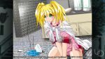  1girl 2000s_(style) anime_coloring atelier-moo blonde_hair broken broken_glass dress failure flask game_cg glass glass_shards green_eyes jacket kneeing lab_coat laboratory leaning_forward maria_short non-web_source official_art parted_lips pink_dress short_dress short_sleeves short_twintails solo tied_jacket twintails water yuukyuu_gensoukyoku 
