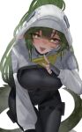  1girl absurdres arknights arknights:_endfield black_bodysuit bodysuit fluorite_(arknights) glowing glowing_eyes green_eyes green_hair green_tail hair_through_hood high_ponytail highres hood hooded_shrug impossible_bodysuit impossible_clothes lizard_tail looking_at_viewer open_mouth pointy_ears ponytail reptile_girl seductive_smile shrug_(clothing) skin_tight smile snake_girl snake_tail solo tail tongue tongue_out white_background white_shrug xkittyzx 