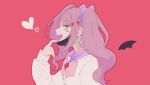  1boy :d bandaid bandaid_on_neck black_mask bow bowtie cardigan detached_wings facial_mark fang frilled_sailor_collar frills green_eyes hair_bow hair_ornament hanabusa_kokoro heart heart_facial_mark heart_hair_ornament i-chu long_hair long_sleeves looking_at_viewer looking_to_the_side mask_pull mini_wings open_mouth parted_bangs pink_bow pink_bowtie pink_hair purple_bow red_background rolanrolan88 sailor_collar school_uniform sidelocks simple_background smile trap twintails upper_body white_cardigan wings 
