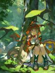  1girl animal_ears arknights arknights:_endfield black_boots black_gloves boots closed_eyes ears_through_headwear fingerless_gloves gloves grass jewelry low-tied_sidelocks mushroom nature necklace red_hood rossi_(arknights) saturn_(saturn_illus) shield sidelocks sword tail tooth_necklace tree under_tree weapon wolf_ears wolf_tail wooden_shield wooden_sword 