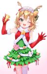  1girl antlers box christmas commentary_request dress elbow_gloves fur_trim gift gift_box gloves hairband horns idolmaster idolmaster_cinderella_girls lolita_hairband looking_at_viewer one_eye_closed open_mouth party_popper reindeer_antlers revision sakurai_momoka smile solo star_(symbol) thighhighs zero7shi zettai_ryouiki 