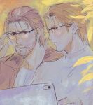  2boys alternate_universe beard bespectacled commentary_request dojima_daigo facial_hair glasses good_end ipad male_focus mine_yoshitaka mullet multiple_boys muted_color parted_bangs ryuu_ga_gotoku_(series) ryuu_ga_gotoku_8 sketch tablet_pc turtleneck tyag53 