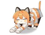  1girl :3 adachi_rei animal_ears animal_hands blush cat_ears cat_tail closed_eyes closed_mouth commentary fake_animal_ears full_body hair_ribbon jacket kemonomimi_mode long_sleeves medium_hair nupi_(tpshye7d2k42552) one_side_up open_clothes open_jacket orange_hair ribbon simple_background skirt smile solo stretching tail utau white_background white_jacket white_ribbon 