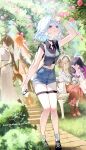  5girls alternate_costume black_choker black_hair black_shirt black_shoes blue_eyes blue_shorts breasts brown_hair casual cellphone choker columbina_(genshin_impact) commentary_request contemporary cropped_shirt day flower furina_(genshin_impact) garden genshin_impact grey_hair grey_jacket grey_skirt highres holding holding_phone hu_tao_(genshin_impact) imasaki_kei jacket long_skirt medium_breasts midriff multiple_girls orange_hair outdoors phone pink_flower pink_rose red_skirt rose sandrone_(genshin_impact) shirt shoes short_hair short_shorts shorts sitting skirt smartphone socks solo_focus thigh_strap twintails wavy_hair white_hair white_socks yanfei_(genshin_impact) 