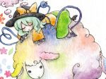  2girls animal blush closed_eyes dress eyeball flower frilled_dress frills green_hair green_skirt hat hat_ribbon heart-shaped_ornament komeiji_koishi komeiji_satori long_sleeves lying_on_animal multiple_girls ribbon sakurai_haruto sheep shoes skirt sleeping third_eye touhou 