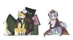 alternate_species ambiguous_feral ambiguous_gender blue_body blue_fur bow_tie card clothed clothed_feral clothing dice domestic_cat duo felid feline felis feral feralized fur furrification gtbherbstc haiji_senri hat headgear headwear heart_symbol hi_res len'en_project mammal playing_card pupils purple_eyes quadruped red_bow_tie red_clothing red_hat red_headwear simple_background sitting slit_pupils white_background xeno_a yellow_body yellow_fur