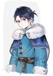  1boy :| aqua_coat belt black_hair blue_capelet border brown_belt capelet closed_mouth coat commentary_request felix_hugo_fraldarius felix_hugo_fraldarius_(young) fire_emblem fire_emblem:_three_houses fire_emblem_heroes fur-trimmed_collar fur-trimmed_sleeves fur_trim grey_background highres long_sleeves male_focus orange_eyes parted_hair solo umou_(user_xxhp7583) watermark white_border white_fur 