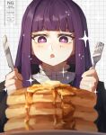  1girl absurdres arc_pic butter commentary_request fern_(sousou_no_frieren) food fork grid_background highres holding holding_fork holding_knife kitchen_knife knife long_hair maple_syrup open_mouth pancake pancake_stack purple_eyes purple_hair simple_background solo sousou_no_frieren watermark white_background 