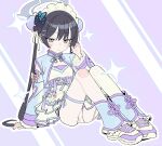  1girl absurdres alternate_costume ankle_cuffs asymmetrical_legwear belt black_hair blue_archive blush_stickers breasts bun_cover butterfly_hair_ornament chinese_knot commentary_request detached_sleeves double_bun flower_knot garter_straps grey_eyes grey_halo hair_bun hair_ornament halo hand_on_ground hand_on_own_ear highres kisaki_(blue_archive) long_hair looking_at_viewer maid_headdress panties pantyshot purple_belt ryuuforkaf shoes single_thighhigh sitting small_breasts sneakers solo sparkle thigh_strap thighhighs twintails underwear watermark weibo_watermark white_garter_straps white_panties white_thighhighs 