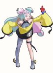  1girl blue_hair bow-shaped_hair breasts character_hair_ornament criss-cross_halter fake_hair_bun grey_pantyhose hair_ornament halter_shirt halterneck hexagon_print highres iono_(pokemon) jacket kenney_q11 long_hair magnemite medium_breasts multicolored_hair one_eye_closed open_mouth oversized_clothes pantyhose pantyhose_under_shorts pink_hair pokemon pokemon_scarlet_and_violet rotom rotom_phone selfie sharp_teeth shorts single_leg_pantyhose sleeves_past_fingers sleeves_past_wrists smile solo split-color_hair teeth x_(symbol) yellow_jacket 