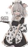  1girl absurdres alternate_costume animal_ears animal_print apron back_bow bell belt_collar black_gloves blue_eyes blush bow breasts collar constricted_pupils cow_ears cow_horns cow_print cow_print_apron cowbell cowboy_shot dress english_text fake_animal_ears fake_horns frilled_dress frills froq_art gloves grey_hair highres holding holding_tray horns jitome looking_at_viewer maid maid_headdress marimari_(vtuber) medium_hair milk neck_bell open_mouth phase_connect print_apron puffy_sleeves sanpaku short_sleeves simple_background skirt skirt_tug small_breasts solo square_neckline sweatdrop tray twitter_username virtual_youtuber waist_apron white_background 