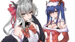  2girls arknights bare_shoulders black_bra black_gloves blue_hair blush bow bowtie bra breasts ch'en_(arknights) christmas cleavage dragon_girl dragon_horns dress elbow_gloves fur-trimmed_headwear fur_trim gloves grey_eyes grey_hair hair_ribbon hat horns large_breasts long_hair looking_at_viewer medium_breasts multiple_girls off-shoulder_dress off_shoulder parted_lips red_bow red_dress red_eyes red_hat ribbon santa_costume santa_dress santa_hat siblings side_ponytail simple_background sisters smile srpzk talulah_(arknights) twintails underwear upper_body white_background 