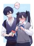  1boy 1girl absurdres alternate_costume aqua_eyes asymmetrical_bangs bag black_bag black_bow black_hair black_pants blue_background blue_bag blunt_bangs blunt_ends blush border bow closed_mouth collarbone collared_shirt commentary contemporary earrings eyelashes eyeliner fingernails flirting food genshin_impact grey_sweater_vest hair_between_eyes hair_bow hands_up hetero highres holding holding_food jewelry long_hair long_sleeves looking_at_another looking_past_viewer makeup mona_(genshin_impact) open_collar pairing_name pants parted_lips pocky purple_eyes purple_sweater_vest red_eyeliner runa_pi scaramouche_(genshin_impact) school_uniform shirt shoulder_bag sidelocks speech_bubble sweat sweater_vest swept_bangs three-quarter_sleeves tsurime twintails undershirt untranslatable_commentary white_border white_mouth white_shirt white_sleeves wide-eyed wing_collar zipper zipper_pull_tab 