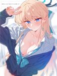  1girl aqua_bow aqua_bowtie arm_up black_skirt blonde_hair blue_archive blue_cardigan blue_eyes blue_halo blue_streaks bow bowtie braid breasts cardigan cardigan_partially_removed cleavage collarbone collared_shirt commentary half_up_braid halo highres itsk_ne large_breasts long_hair long_sleeves looking_at_viewer loose_bowtie multicolored_hair odaibako official_alternate_costume partially_unbuttoned pleated_skirt request_inset school_uniform shirt skirt solo streaked_hair toki_(blue_archive) toki_(school_uniform)_(blue_archive) untranslatable_commentary v v_over_head white_shirt 