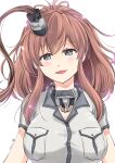  1girl absurdres breast_pocket breasts brown_hair commentary_request dress grey_dress grey_eyes high_side_ponytail highres kantai_collection large_breasts long_hair looking_at_viewer matsuura@parao one-hour_drawing_challenge pocket ponytail saratoga_(kancolle) saratoga_mk_ii_(kancolle) side_ponytail simple_background smokestack_hair_ornament solo upper_body white_background 