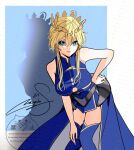  1girl ahoge artoria_pendragon_(fate) artoria_pendragon_(lancer)_(fate) bare_arms blonde_hair blue_background blue_dress blue_overskirt blue_thighhighs breasts closed_mouth commentary_request crown dress fate/grand_order fate_(series) feet_out_of_frame gold_crown gold_trim green_eyes hand_on_own_hip hand_on_own_knee highres huge_breasts knees_together_feet_apart leaning_forward looking_at_viewer miyaka_(58305841) shadow short_dress sidelocks signature sleeveless sleeveless_dress solo thighhighs watermark 