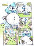 2007 after_vore anthro belly big_belly blue_clothing blue_hair blue_shirt blue_topwear canid canine canis clothing comic domestic_pig female female_pred group hair mammal outside overweight shirt speech_bubble suid suine sus_(pig) text topwear traditional_media_(artwork) trio virus-20 vore wendy_wolf_(virus-20) wolf