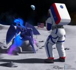 2024 absurd_res ambiguous_gender american_flag anthro areola astronaut blue_body blue_eyes blue_hair blue_tail breasts clearvision crown duo earth equid equine ethereal_hair ethereal_tail female friendship_is_magic hair hasbro headgear hi_res horn mammal moon mostly_nude_female my_little_pony mythological_creature mythological_equine mythology nasa nipples planet princess_luna_(mlp) sitting spacesuit tail tiara united_states_of_america winged_unicorn wings