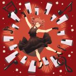  1girl alternate_costume black_dress black_gloves black_shoes closed_eyes commentary dancing dress drill_hair eminarts503 english_commentary full_body gloves highres kasane_teto musical_note piano_keys red_background red_hair shoes sleeveless sleeveless_dress smile solo twin_drills utau 