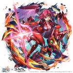  1girl blue_eyes blue_sky bodysuit breasts cleavage cloud code_geass code_geass:_lost_stories commentary_request energy_wings full_body guren_(code_geass) headband highres knightmare_frame kouzuki_kallen large_breasts last_cloudia looking_at_viewer mecha official_art open_bodysuit open_clothes open_mouth red_bodysuit red_hair red_headband robot short_hair sky 