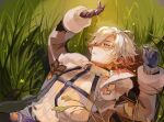  1boy ahoge arms_up artist_name belt black_belt black_pants chest_belt churomo commentary cowboy_shot day english_commentary fur-trimmed_jacket fur-trimmed_sleeves fur_trim gem genshin_impact gloves gradient_hair grass grey_jacket hair_over_one_eye highres illuga_(genshin_impact) jacket long_sleeves looking_up lying male_focus multicolored_hair on_back open_clothes open_jacket orange_gem outdoors pants pink_hair purple_belt purple_eyes purple_gloves scenery shadow short_hair solo standing sunlight sweater teeth turtleneck turtleneck_sweater two-tone_hair vision_(genshin_impact) weeds white_hair white_sweater 
