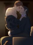  2boys ahoge bare_shoulders beard black_hair blush body_blush brown_hair commentary_request couch couple dojima_daigo facial_hair hair_slicked_back hand_on_another's_waist highres imminent_kiss irezumi male_focus mine_yoshitaka mullet multiple_boys muscular muscular_male off_shoulder pants partially_undressed pectorals pinstripe_pants pinstripe_pattern qilin_(mythology) ryuu_ga_gotoku_(series) ryuu_ga_gotoku_3 sitting sitting_on_lap sitting_on_person straddling suit sweat tattoo tyag53 upright_straddle yaoi 
