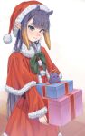  1girl absurdres alternate_costume blunt_bangs box capelet center-flap_bangs closed_mouth commentary dress english_commentary fur-trimmed_capelet fur-trimmed_dress fur-trimmed_headwear fur_trim gift gift_box gradient_hair hat highres holding holding_gift hololive hololive_english long_hair looking_at_viewer mole mole_under_eye multicolored_hair ninomae_ina'nis orange_hair pointy_ears pom_pom_hat_ornament purple_hair red_capelet red_dress samukzz santa_costume santa_dress santa_hat sidelocks smile solo straight_hair takodachi_(ninomae_ina'nis) tentacle_hair very_long_hair virtual_youtuber 