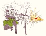  1girl absurdres bipod bolt_action brown_gloves brown_hairband brown_thighhighs call_of_duty call_of_duty:_modern_warfare_2 cheytac_m200 commentary elbow_gloves english_commentary firing frilled_skirt frills gloves green_eyes green_skirt green_vest gun hairband highres hitodama holding holding_gun holding_weapon katana konpaku_youmu konpaku_youmu_(ghost) looking_through_scope photo-referenced rampa93 rifle scope sheath sheathed shirt shoes skirt skirt_set sniper_rifle solo sword thighhighs touhou vest weapon 